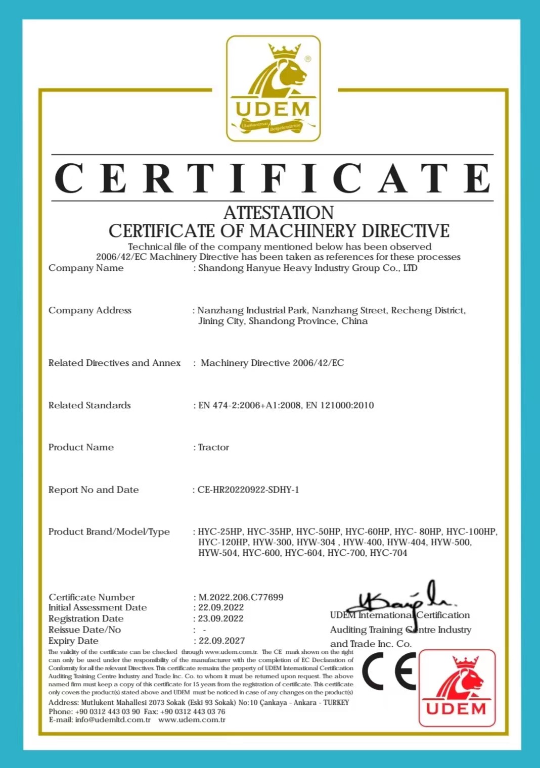 Trung Quốc Shandong Hanyue Heavy Industry Group Co., Ltd. Chứng chỉ